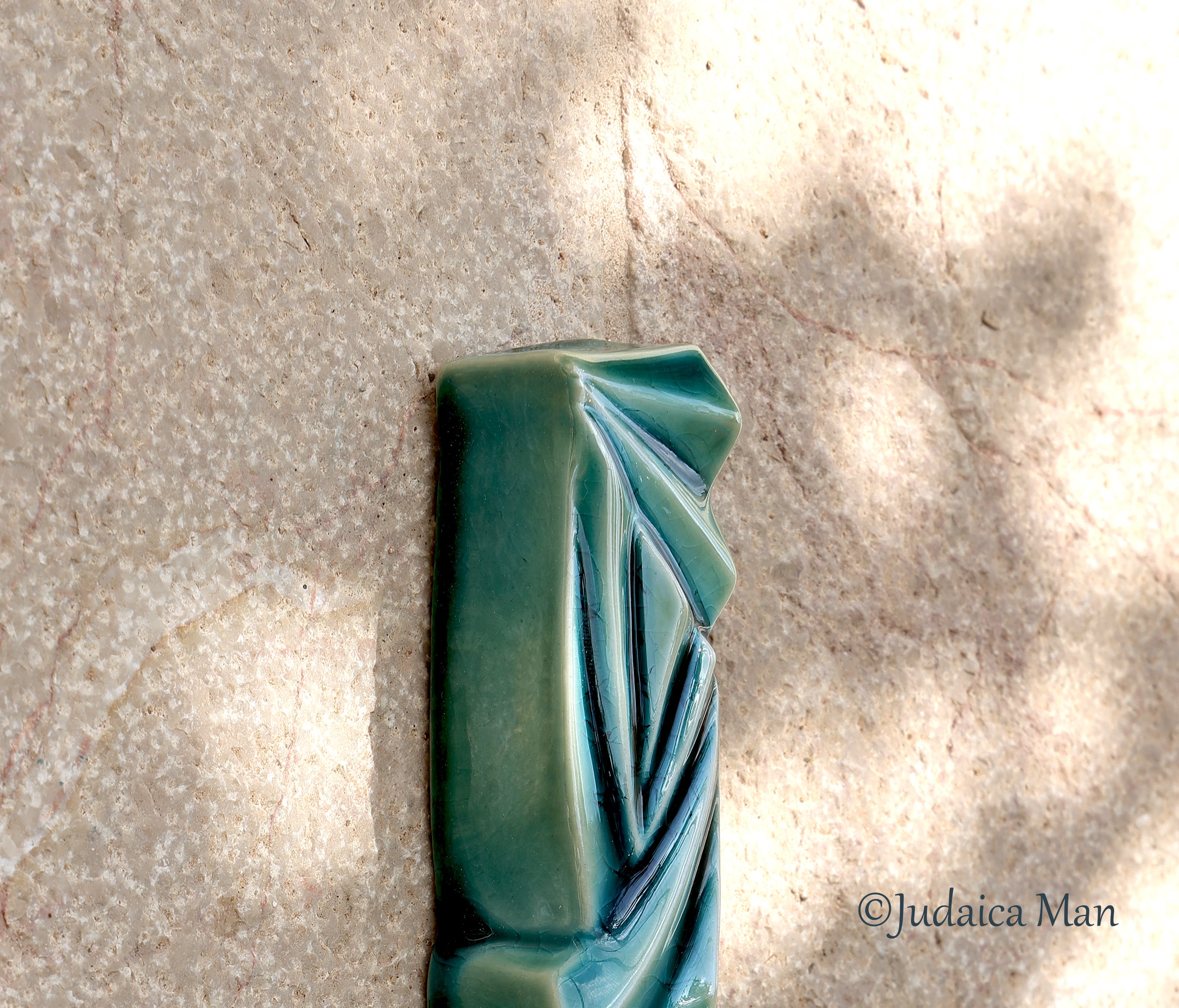 Ceramic mezuzah  "Diamond" Blue glass color