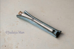 Ceramic mezuzah case with glass tube blue color