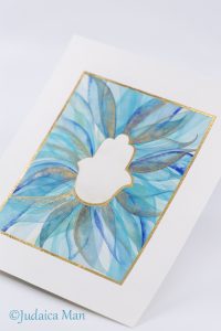 Hamsa watercolor blue and Gold handmade painting protection for Jewish home