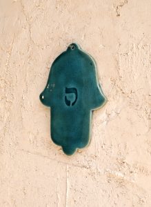 Hamsa from Ceramic handmade - Blue color protection for home with the letter ה
